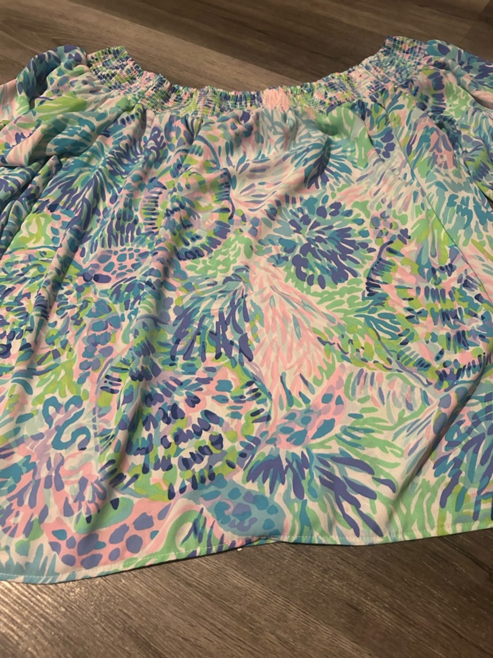 Off-Shoulder Floral Print Top in Pastel Blue, Pink & Green - Picture 3 of 7